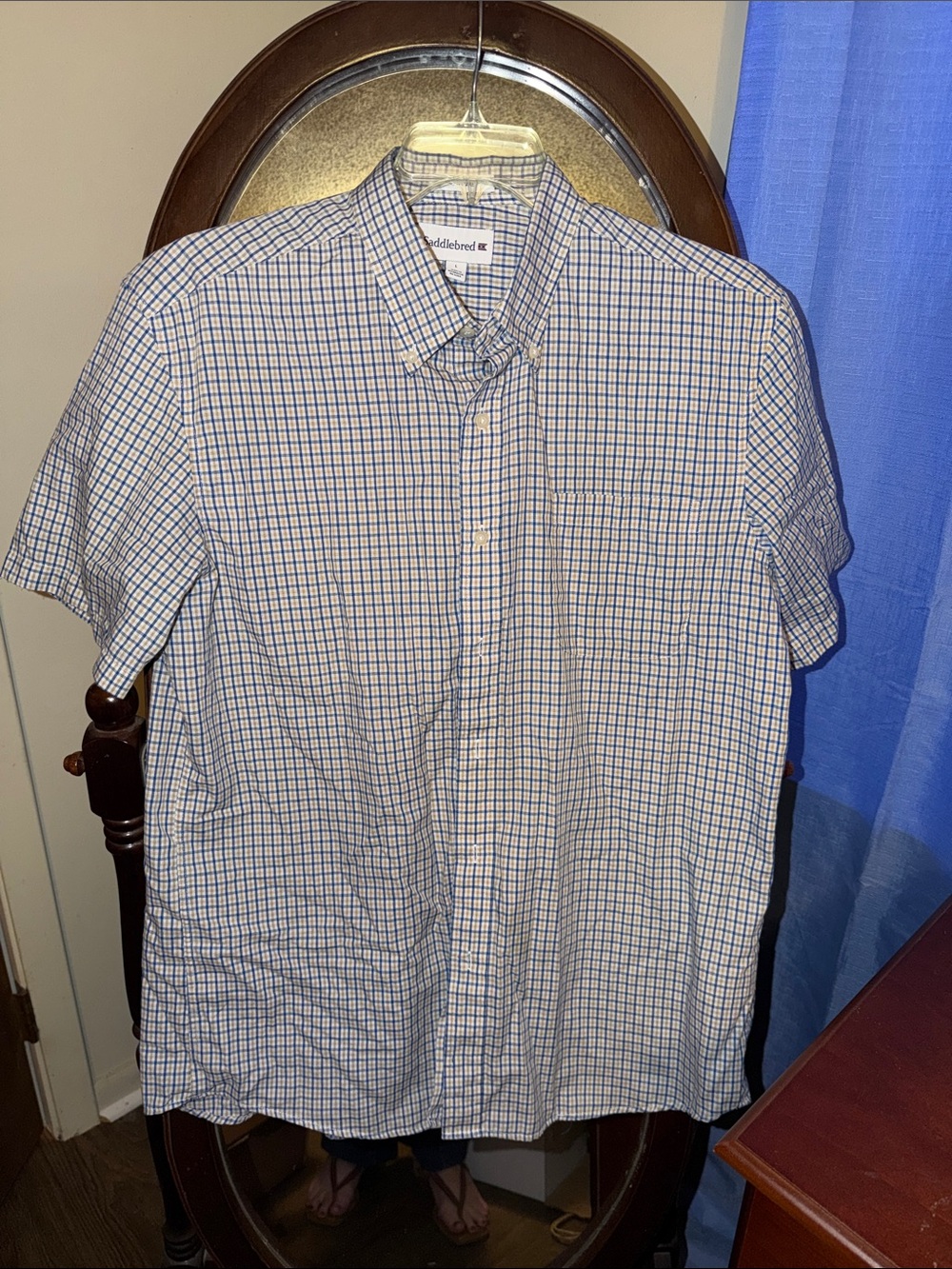 Saddlebred Short-Sleeve White and Blue Checked Button-Down Shirt